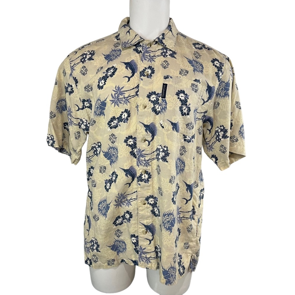 Columbia Sportswear Men's Button Up Beige Shirt Blue Sail Fish Floral M (259)